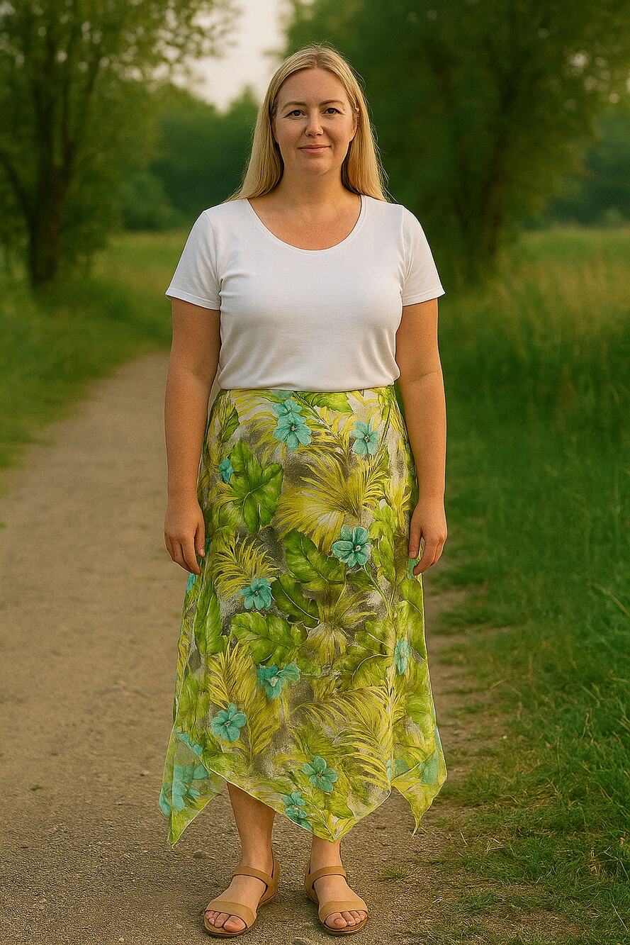 Silk Midi Skirt Tropical Chartreuse Handkerchief Hem Boho Beach Statement Sz 24